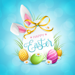 Happy easter bunny ears with easter eggs abstract bokeh background card - 324450997