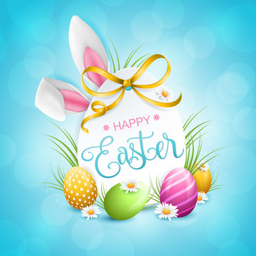 Happy easter bunny ears with easter eggs abstract bokeh background card
