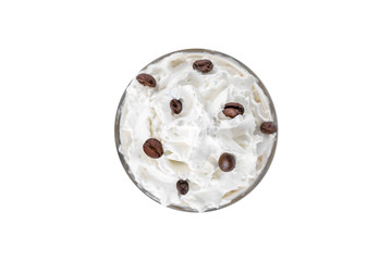 Cocktail with whipped cream and coffee beans, view from above, isolated white background
