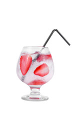Transparent cocktail in a glass jar with ice cubes with strawberries, soda, aeration, straw, Side view, Isolated white background, Drink for the menu restaurant, bar, cafe