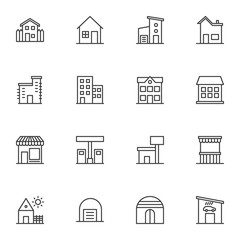 Buildings line icons set. Real estate linear style symbols collection, outline signs pack. vector graphics. Set includes icons as country house, office, garage, store front, oil station, school, home