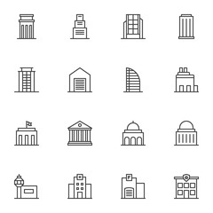 Public buildings line icons set. linear style symbols collection, outline signs pack. vector graphics. Set includes icons as townhouse, police department, courthouse, hospital, skyscraper office, home