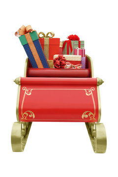 photograph of Golden sleigh filled with present boxes isolated with clipping path on white background