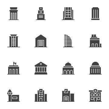Public buildings vector icons set, modern solid symbol collection, filled style pictogram pack. Signs, logo illustration. Set includes icons as townhouse, police department, courthouse, hospital, home