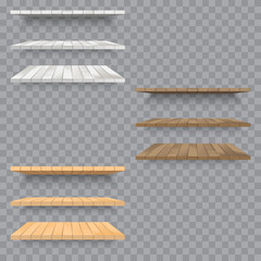 Set of wooden shelves on transparent background. Vector.