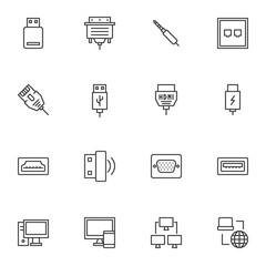 PC connectors and sockets line icons set. linear style symbols collection, outline signs pack. vector graphics. Set includes icons as HDMI cable, network connection, computer monitor, usb flash drive