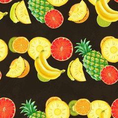 Hand drawn seamless pattern. Summer background with exotic fruits.