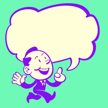 Retro Style of cute business man talking while walking with a big speech bubble for text area.