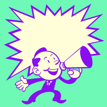Retro Style of cute business man talking while walking with a big speech bubble for text area.