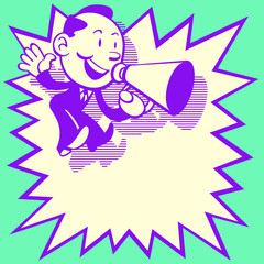 Retro Style of cute business man jumping and shouting with with a speaker. Come with a big star shape speech bubble for text area.