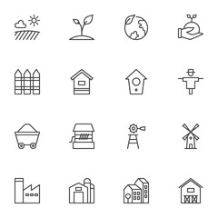 Farming line icons set. linear style symbols collection, outline signs pack. vector graphics. Set includes icons as barn windmill, warehouse, field, growing plant, earth globe, factory, coal mining