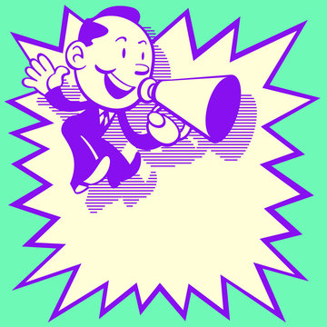 Retro Style of cute business man jumping and shouting with with a speaker. Come with a big star shape speech bubble for text area.