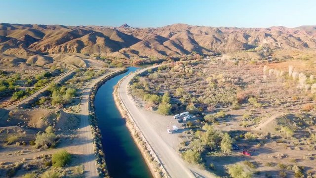 Aerial drone view of irrigation canal in Mittry Lake Wildlife Area - Yuma Arizona