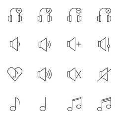 Sound, audio line icons set. linear style symbols collection, outline signs pack. vector graphics. Set includes icons as headphones, musical note, silent mode, favorite song, volume level, recording