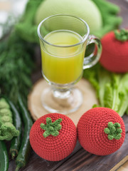 Knitted vegetables: cabbage, beets, radishes, peas, tomato. Concept. Stylization. Needlework. Environmentally friendly toys for children to develop fine motor skills. Hand made toys. 