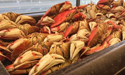 Orange boiled crab for sale at San Fransisco market
