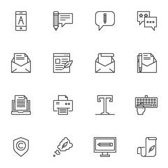 Document edit line icons set. Copywriting linear style symbols collection, outline signs pack. vector graphics. Set includes icons as message writing, text font, envelope mail, email document, mobile