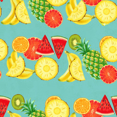 Hand drawn seamless pattern. Summer background with exotic fruits.