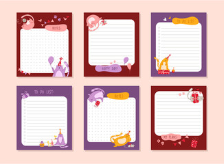 Cats birthday planner or personal stationery organizer or stickers set with notes and to do list for daily plans, schedule with flat cartoon pets or kittens on white - vector printable page template
