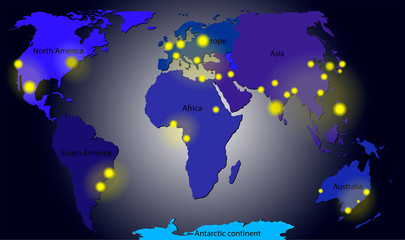 continents of the planet with names and different colors at night, major cities of the world on the map