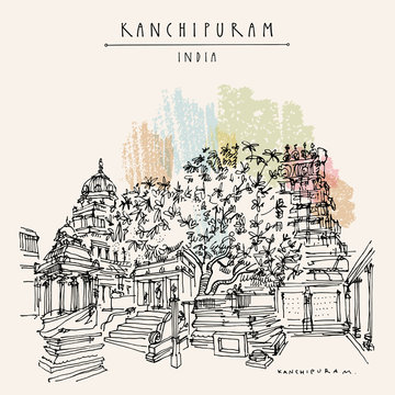 Kanchipuram (Kanchi), Tamil Nadu, South India. Ekambeshwarar (Ekambaranatha) Temple. 3500-year old mango tree. Travel sketch drawing. Vintage hand drawn touristic postcard