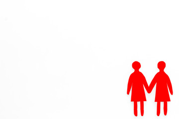 Discrimination concept. Female couple on white background top-down copy space