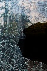 Broken window with cracks all over. Some reflection of tree and sky visible