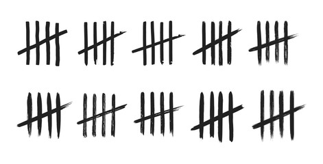 Tally marks on white board hand drawn dirty art style vector illustration set.