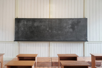 Old chalkboard in classic wooden classroom