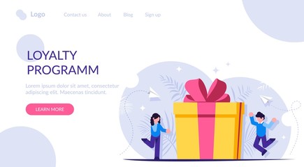Loyalty program is a concept. Man and a woman receive a gift for using the services. Gift box with a bow. Landing web page template.