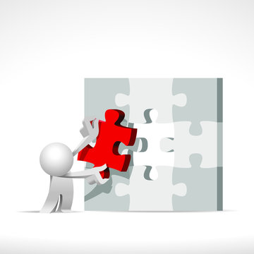 Cute little white Simplified man try to complete the last piece of jigsaw puzzle.