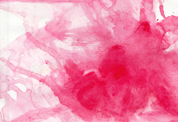 Watercolor textural pink background with divorces. Blots, stains on a white background. Illustration for design for prints, banners, postcards, leaflets, social networks, packages, covers, textiles.