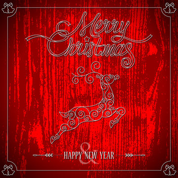 Outline style Ribbon Typo Merry Christmas and reindeer on red wooden texture.