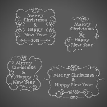 Outline freehand line drawing of Merry Christmas & Happy New Year retro style decorative designs.