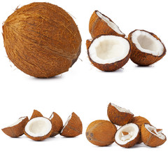 Collage of broken coconut pieces isolated on white background