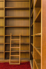 Empty wooden book shelf with ladders