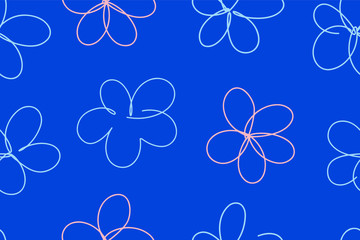 Continuous line art, vector flower seamless pattern. 