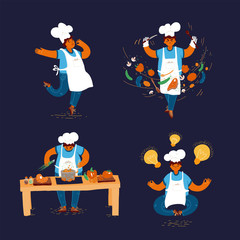 Vector cartoon illustration of home and small restaurant male man cook concepts. Creating Ideas for Cooking, conducting cook process, chef man showing sign for delicious, with taste approval gesture.