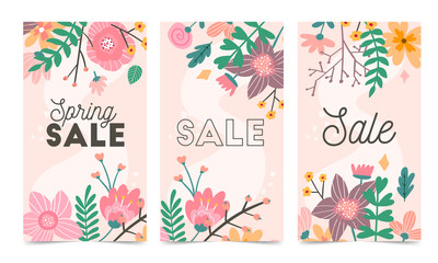 Set of spring flowers vector template for Instagram post, Stories, season sale, discounts, promotional, flyers and posters, apps, websites, printing material . Colorful and floral sale badges