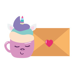 cute cup unicorn kawaii with envelope vector illustration design