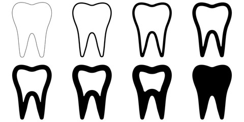 sign icon tooth shape, vector set teeth with different contour thickness, dental tooth icons