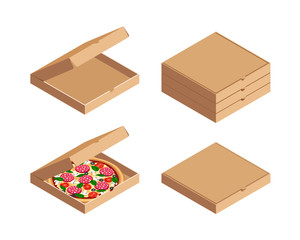 Pizza box isometric set. 3d closed, opened food container, stack of boxes isolated on white background. Traditional italian fast food icon collection. Vector illustration for web, advert, menu