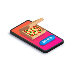 Online buying fast food isometric concept. 3d pizza in box, button buy now on smartphone screen isolated on white. Delivery service vector illustration for web, advert, italian menu, mobile app