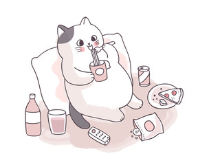Cartoon cute big cat eating noodle and food vector.