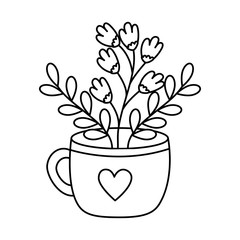 cup ceramic and branches with flowers vector illustration design