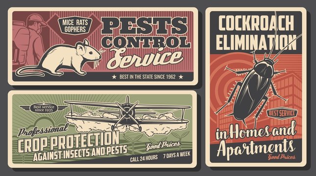 Pest control service vector design of home and crop protection against insect, bug and rodent. Exterminator with insecticide sprayer, cockroach, rat and mouse, crop dusting from agricultural aircraft