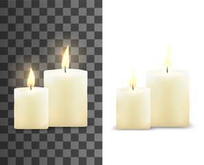 Fototapeta na wymiar Candles 3d vector design with realistic flame. Aromatic wax cylindrical candles with burning wicks and bright light on transparent and white background, religious ceremony, interior decoration themes