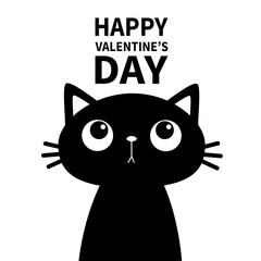Cat looking up at text. Happy Valentines Day. Cute cartoon funny character. Kawaii pet baby animal. Black silhouette sticker print. Flat design. White background.