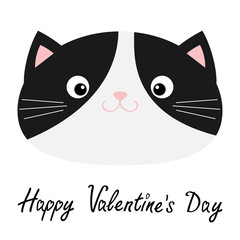 Cat head face icon. Happy Valentines Day. Black and white color. Funny Kawaii smiling baby animal. Cute cartoon funny character. Pet collection. Flat design. Kids background. Isolated.