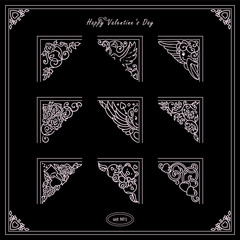 Set of chalkboard elements for decoration. 14 february and Valentine’s day collection of corners for frames, black and pink colors, chalkboard design
